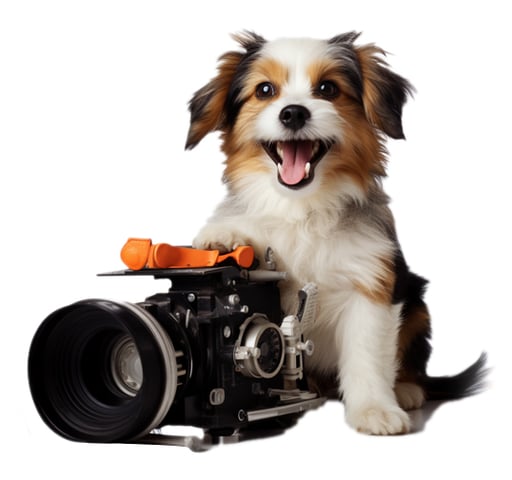 A dog holding a cinema camera